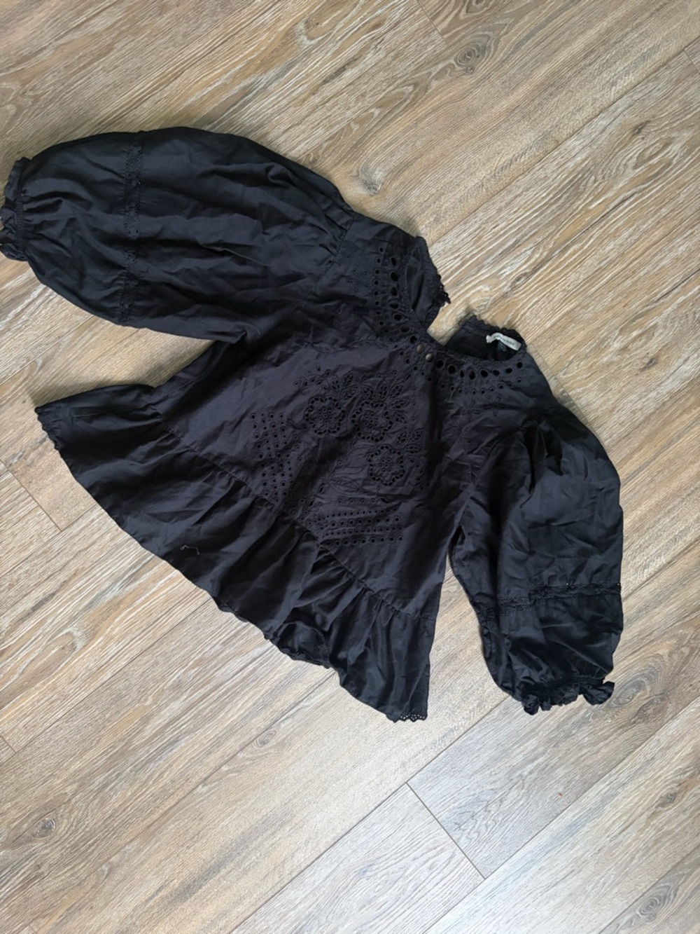 American Eagle Outfitters Black Eyelet Blouse with Puff Sleeves